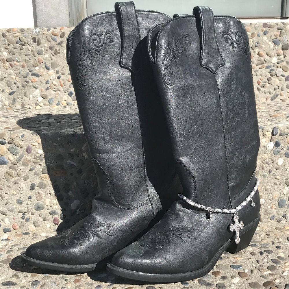 Embroidered Faux Leather Cowgirl Boots-Pointed Toe